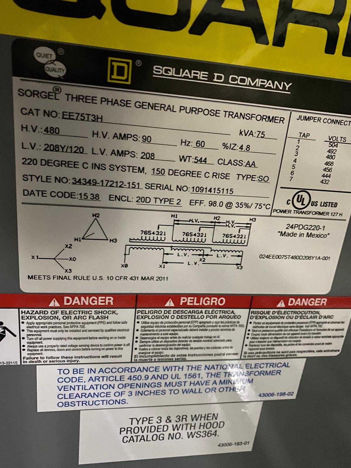 Square D 75kVA General Purpose Transformer - CONTROL TRANSFORMERS