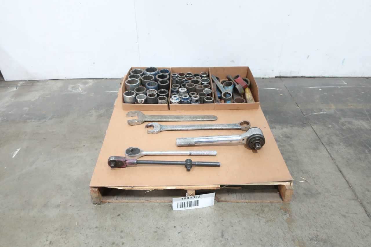 PALLET OF ASSORTED JUMBO SOCKETS, RATCHETS AND WRENCHES - HAND TOOLS