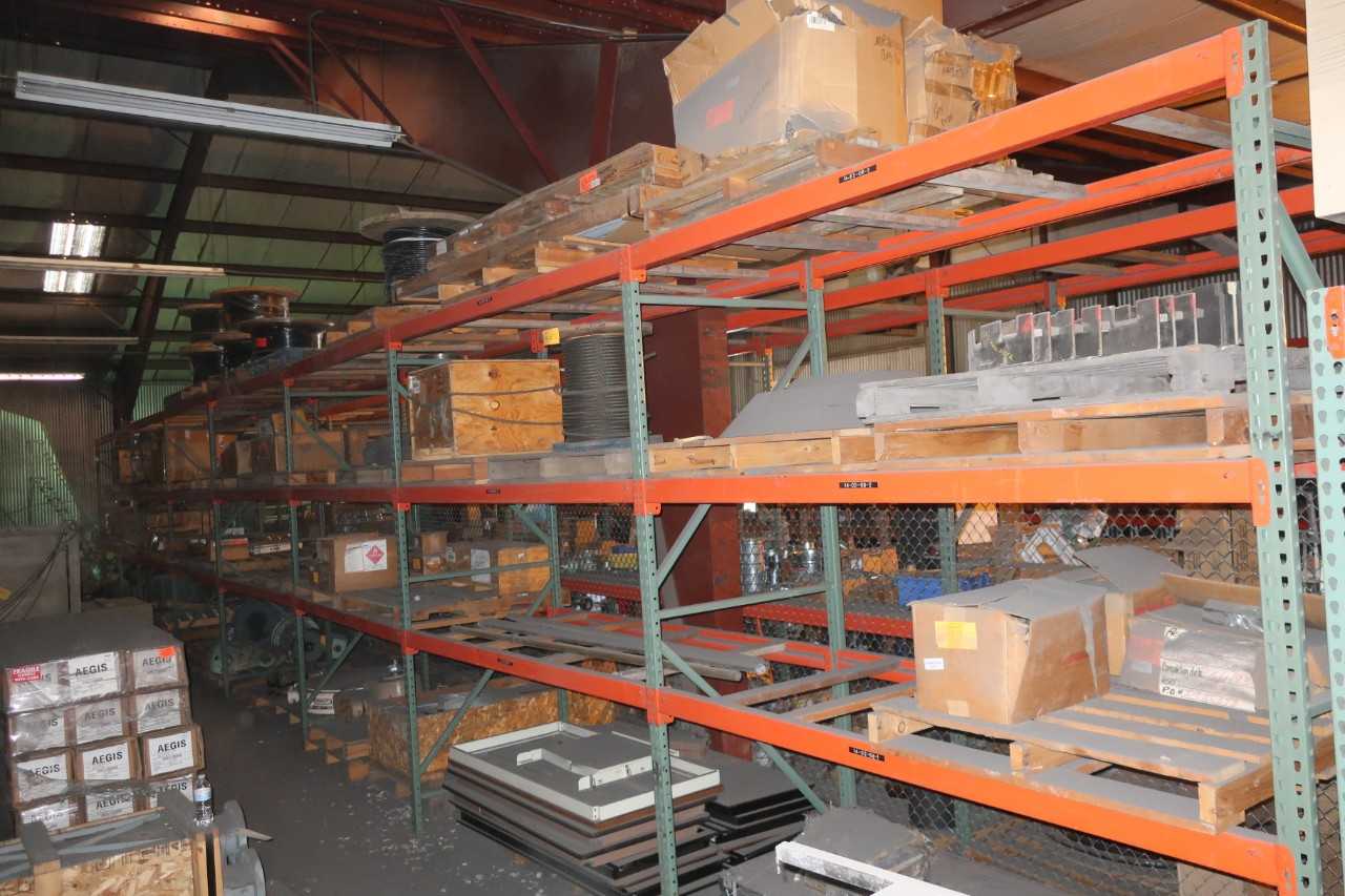CONTENTS OF 8X SECTIONS OF PALLET RACKING (EXCLUDES LOT 644), ASSORTED COAL TURBINE CONTROL REPLACEMENT PARTS, BEARINGS, VALVES, WIRE SPOOLS, ACTUATORS, CHARGER, BOLTS, NUTS, EXPANSION JOINTS, - VALVES