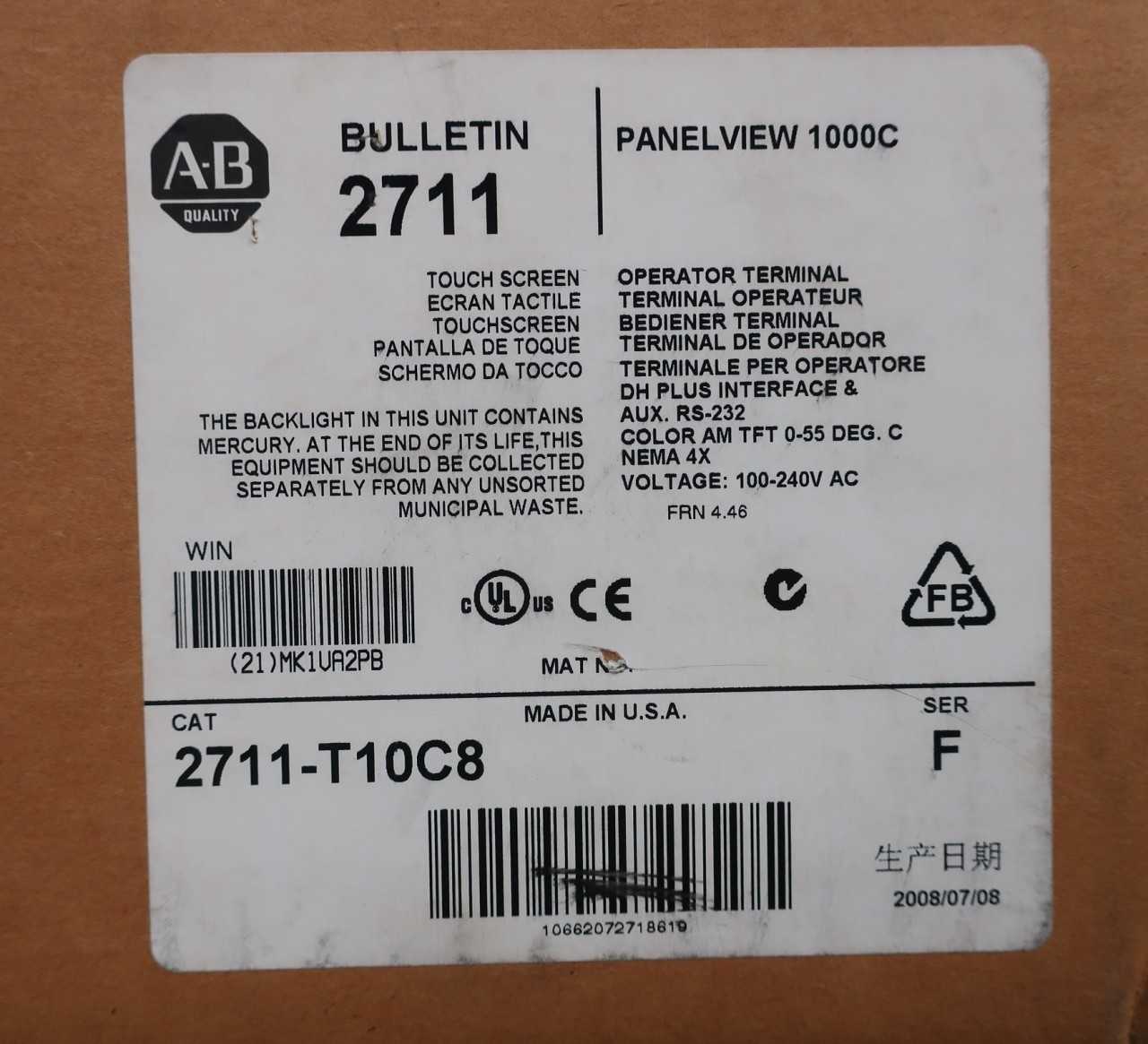 NEW ALLEN BRADLEY 2711-T10C8 PANELVIEW 1000C OPERATOR TERMINAL SER F - AUTOMATION & CONTROLS