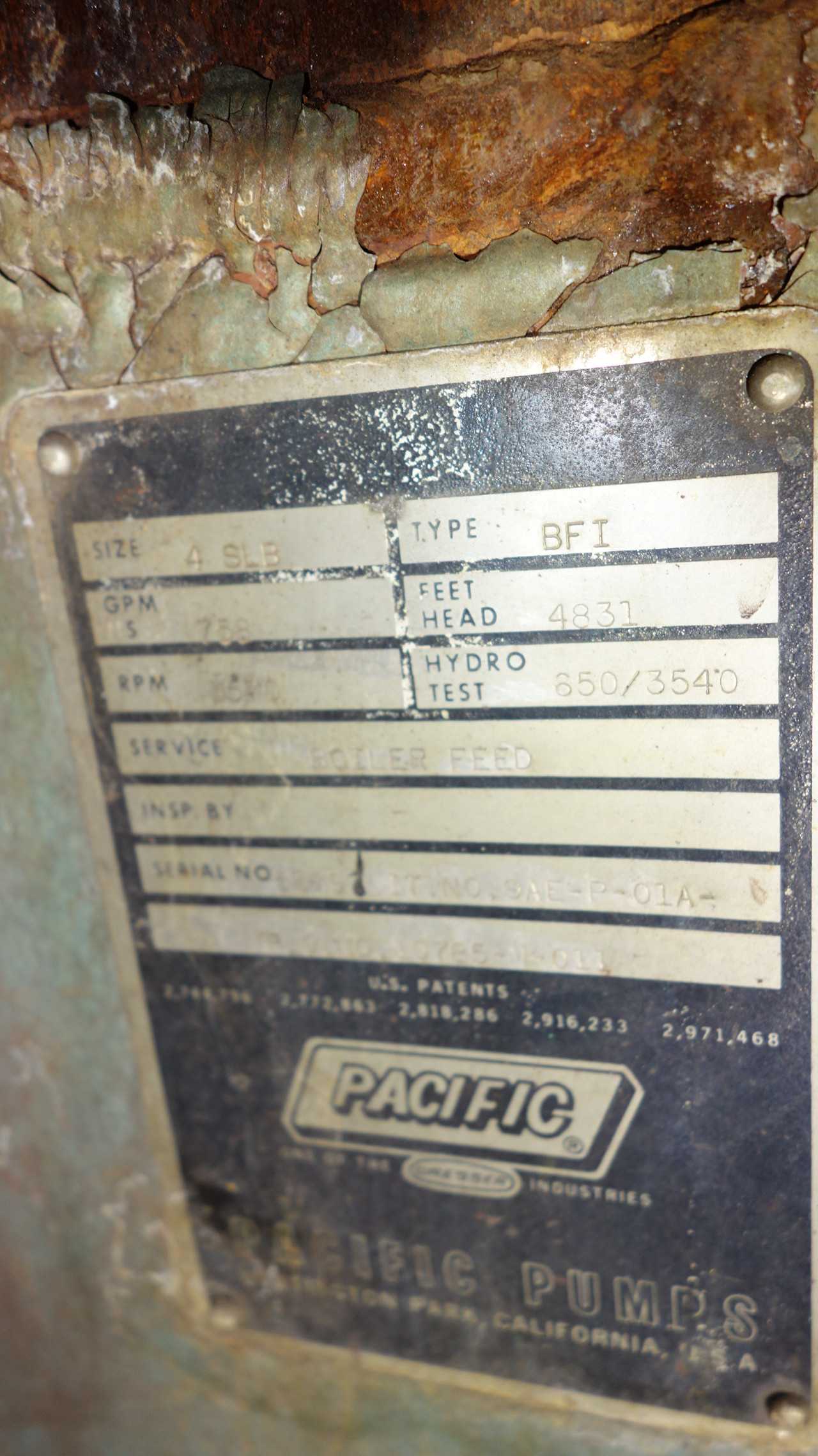 PACIFIC PUMPS SIZE 4SRL BFI BOILER FEED PUMP 758GPM - MISCELLANEOUS