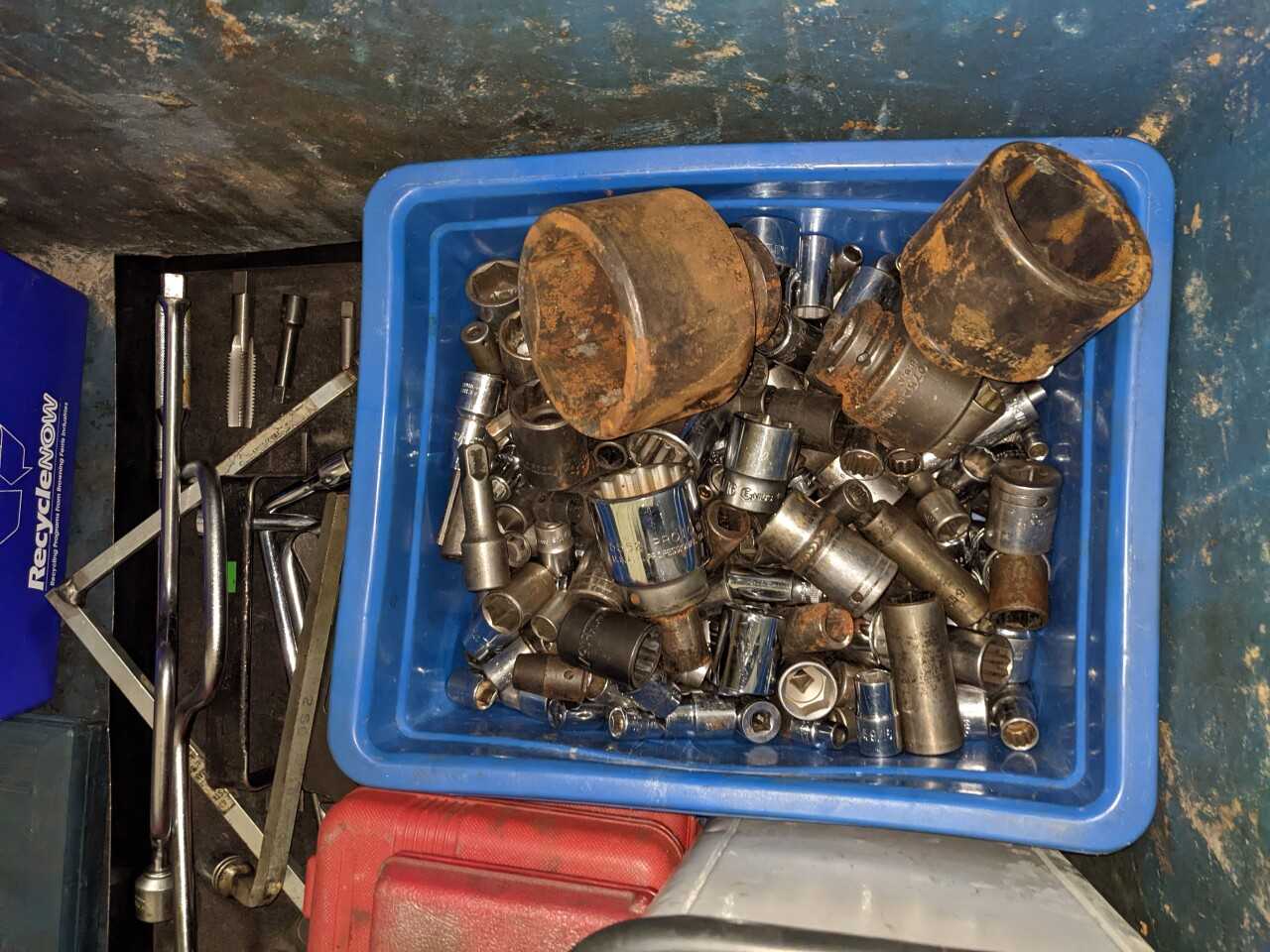 LOT OF ASSORTED TOOLS, SOCKETS, SOCKET SETS, DRILLS, EXTENSIONS - HAND TOOLS