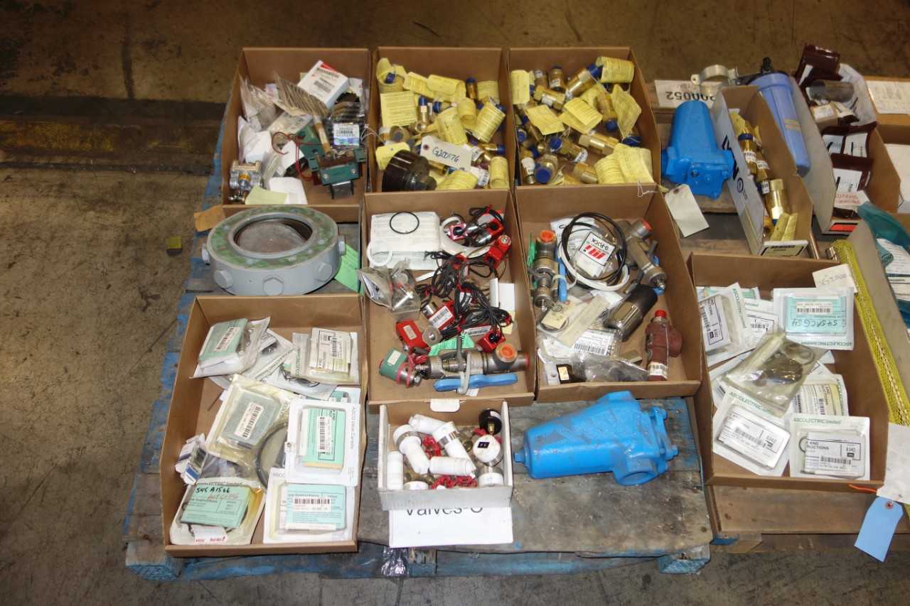 2 PALLETS OF ASSORTED PNEUMATIC VALVE REPLACEMENT PARTS- SOLENOIDS, GUAGES, STRAINERS- ASCO, ASHCROFT - VALVES