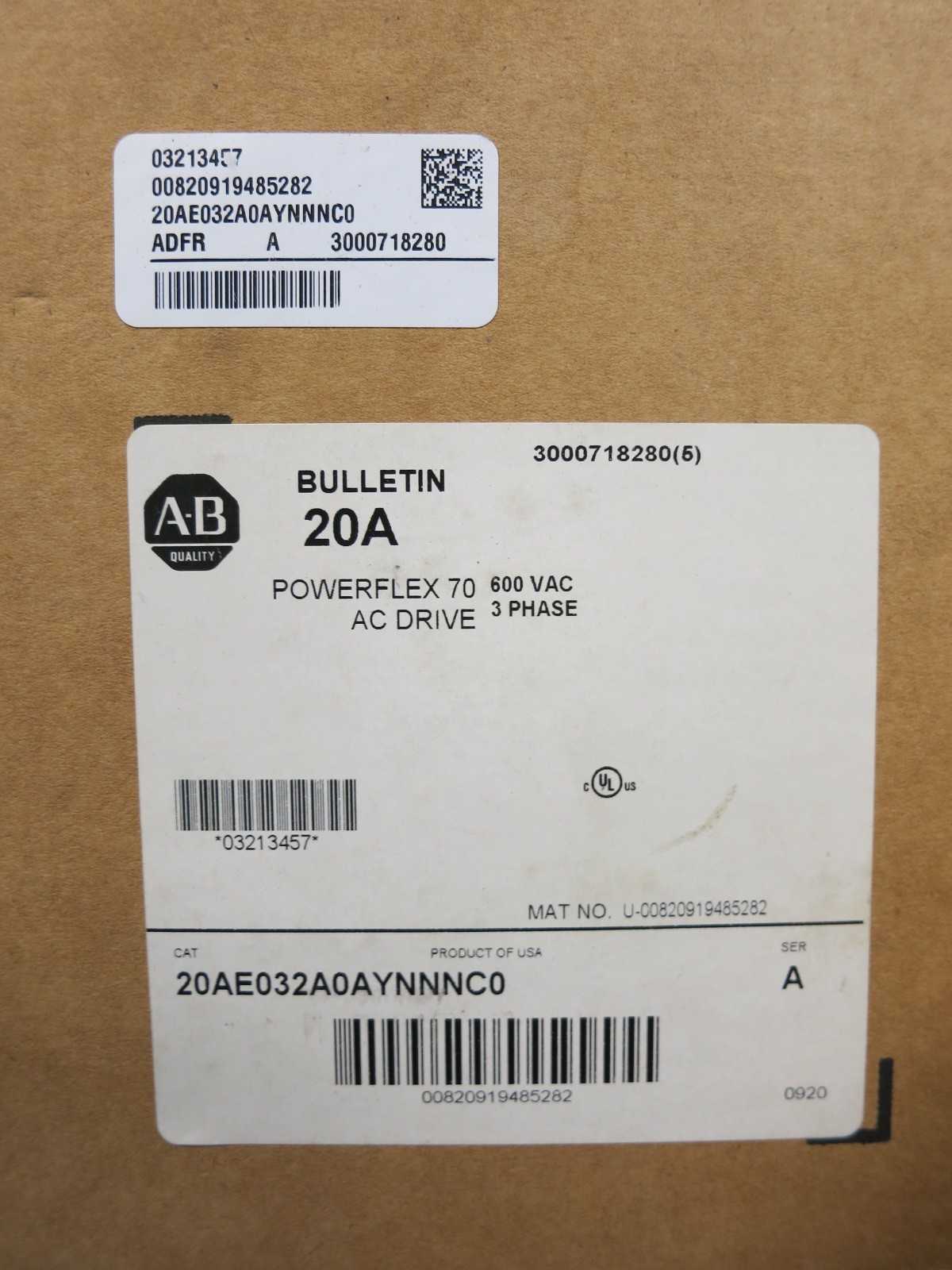 NEW ALLEN BRADLEY 20AE032A0AYNNNC0 POWERFLEX 70 AC DRIVE 30HP 600V-AC - MOTOR DRIVES