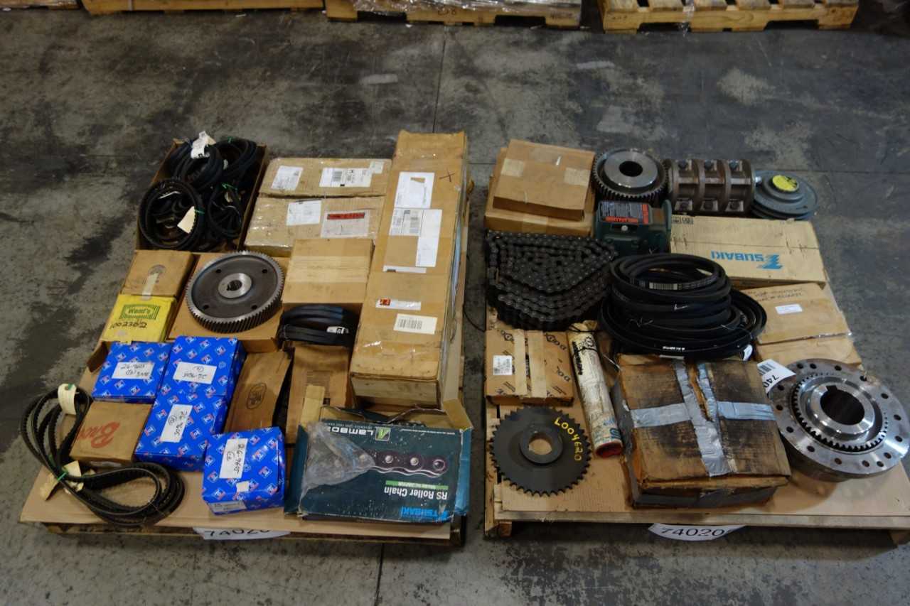2 PALLETS OF ASSORTED BELTS, BUSHINGS, COUPLINGS, GEAR REDUCER, ROLLER CHAINS- SKF, DODGE, TB WOODS - GEAR REDUCERS