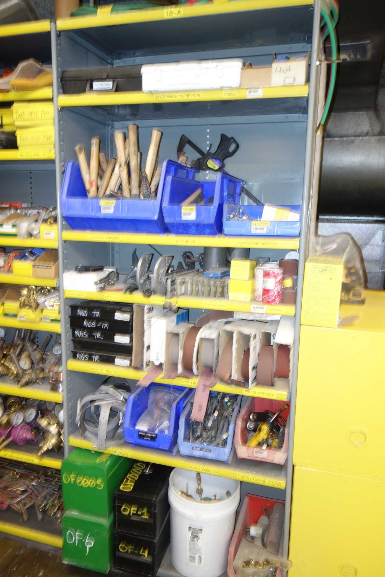 Contents of 3x Shelving - Assorted Welding Jackets, Goggles, Torches, Gauges, Tools - SHELVING