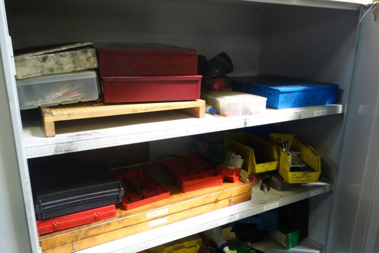 Cabinet with contents - tap and die sets, gear pullers, shim stock