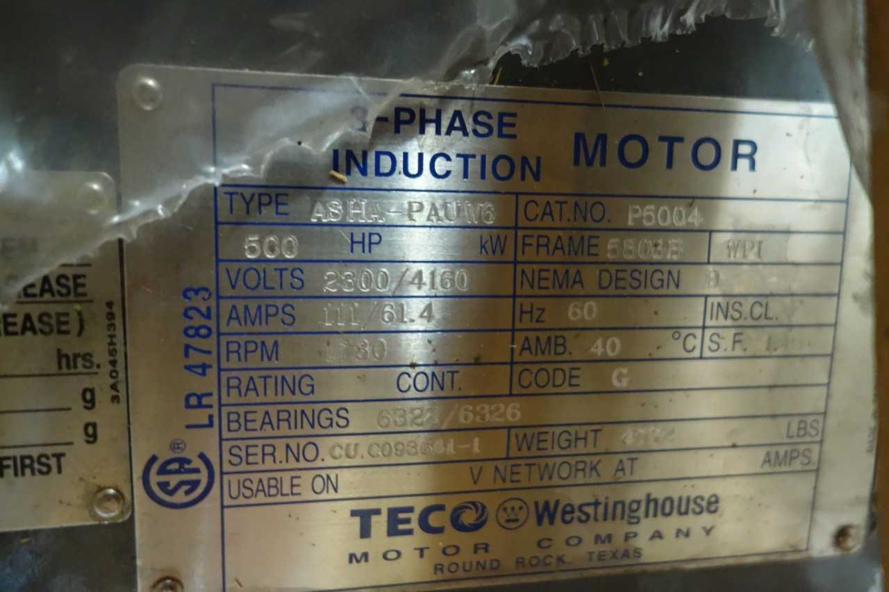TECO WESTINGHOUSE P5004 500HP 2300 4160V 3PH INDUCTION MOTOR - ELECTRIC MOTORS