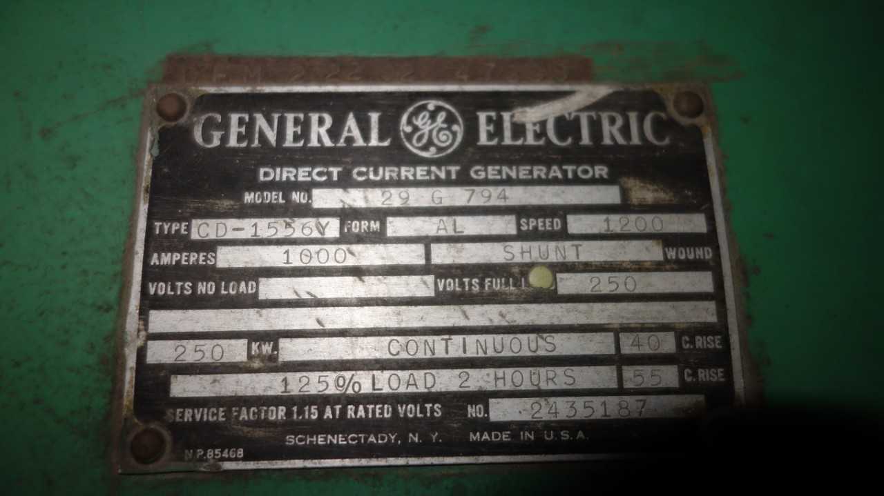 GENERAL ELECTRIC 29 G 794 CD-1556Y 250KW DIRECT CURRENT GENERATOR - ELECTRIC MOTORS