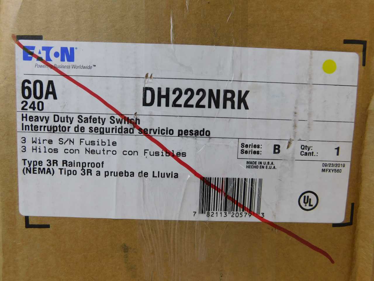 Quantity of 1 New Surplus Eaton DH222NRK Safety Switch 2P 60A 240V 3Ph Fusible NEMA 3R - ELECTRICAL COMPONENTS