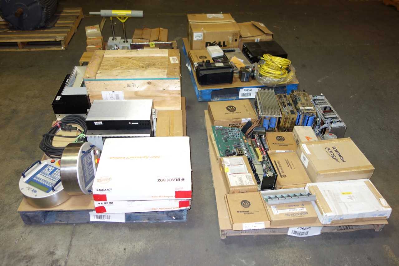 4 PALLETS OF ASSORTED ELECTRICAL AUTOMATION, SERVO MOTORS, CABLE-WIRES, ASSORTED SWITCHES, PENDANT ROBOT, ASSORTED MODULES, CIRCUIT BOARDS , INTERFACE PANEL AND ACCESSORIES - ELECTRICAL COMPONENTS