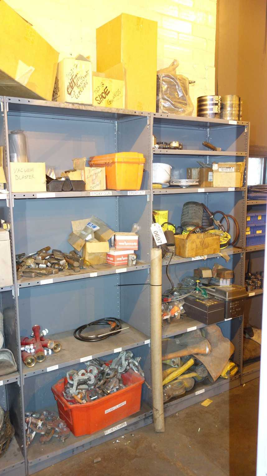 CONTENTS OF 2 SHELF COLUMNS, ASSORTED TOOLS, REPLACEMENT PARTS, SAFETY EQUIPMENT - SAFETY EQUIPMENT
