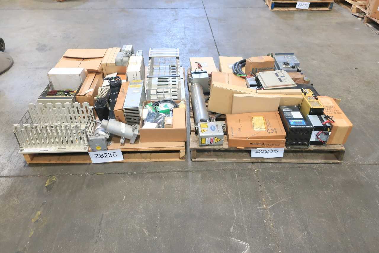 2 PALLETS OF ASSORTED ELECTRICAL CHASSIS RACK, CIRCUIT BOARD CONTROLS, POWER SUPPLY, CORDSET CABLE, LASER HEAD CONTROLS, LASER SENSOR, MOTOR DRIVE, MOTOR STARTER- SIEMENS, TEKLOGIC, FUJI ELECTRIC, SELCOM, PHEONIX CONTACT, HONEYWELL, MITSUBISHI - ELECTRICAL COMPONENTS