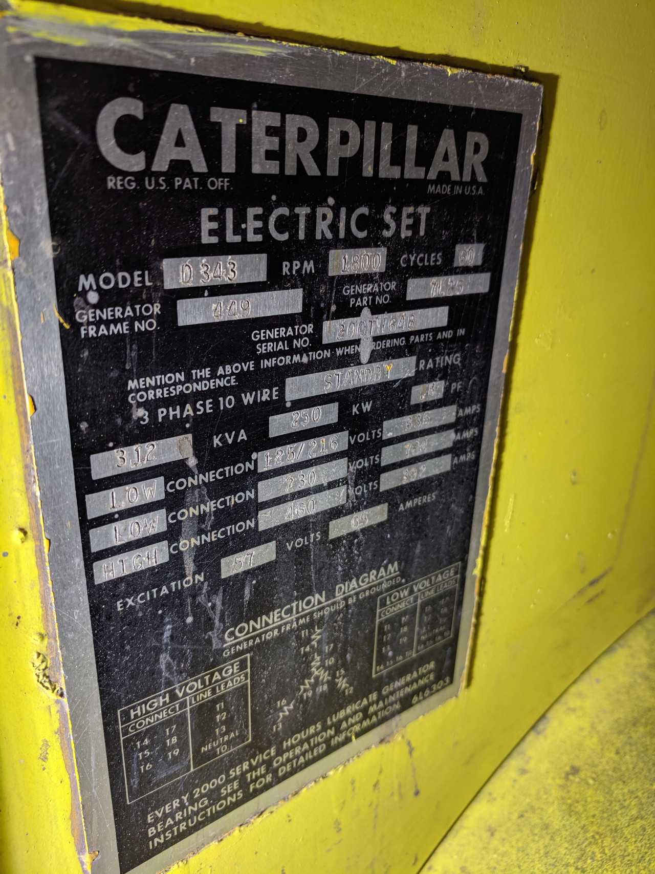 CATERPILLAR D343 DIESEL GENERATOR 250KW 2484 HOURS - STANDBY POWER GENERATOR