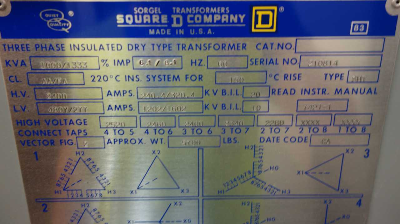 SQUARE D AA/FA 1000KVA 2400V-AC 480V-AC TRANSFORMER - CONTROL TRANSFORMERS