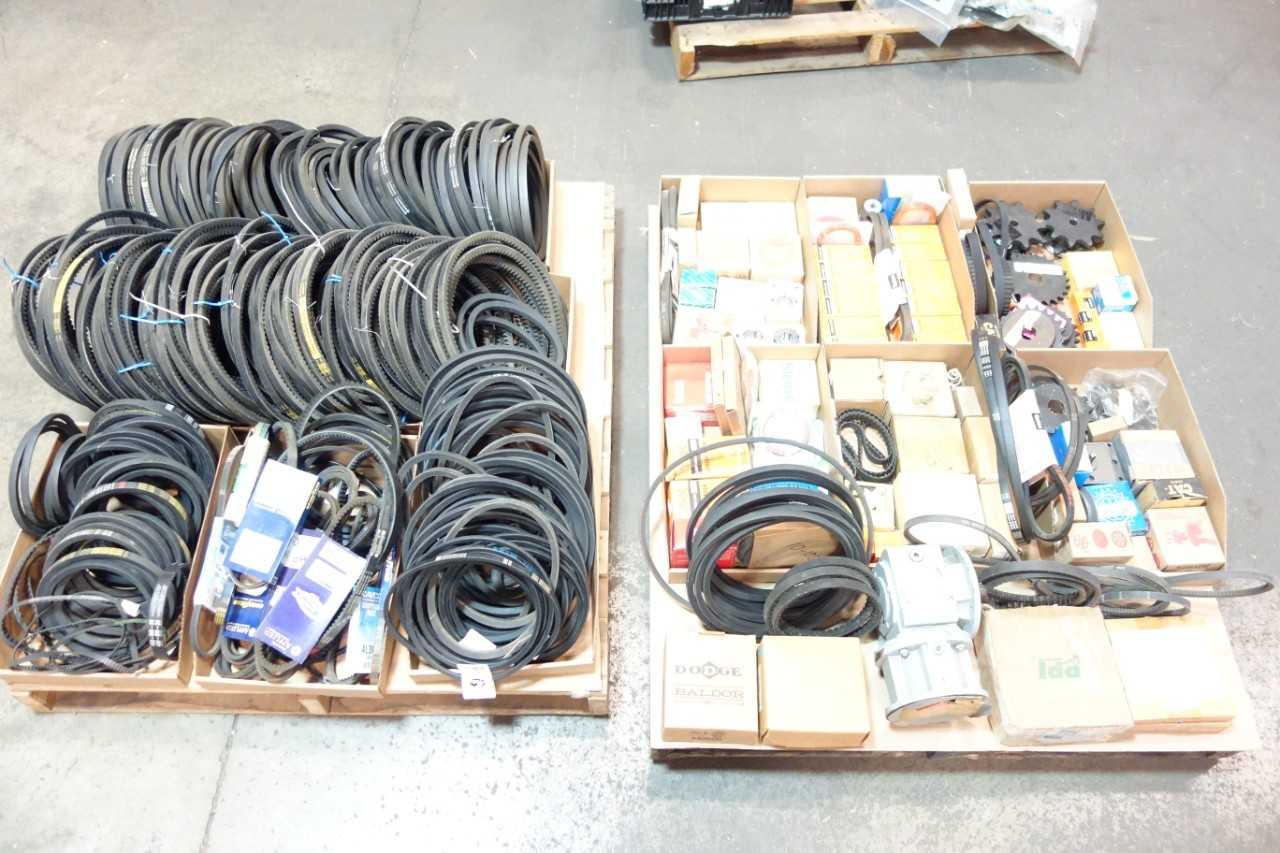 2 PALLETS OF ASSORTED BELTS, BUSHES, SPROCKETS, BEARINGS- SKF, DODGE, CAT - BEARINGS