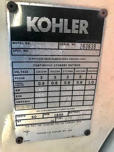 Kohler 100KW Generator Model 100R7272 - STANDBY POWER GENERATOR