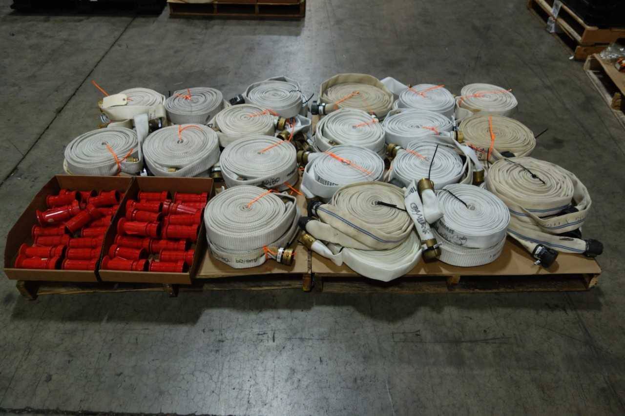 LOT OF 38 POLYFLEX FIRE HOSE 1-HALF IN 50FT 100FT LENGTHS AND 38 WILKO NOZZLES 1-HALF IN - SAFETY EQUIPMENT