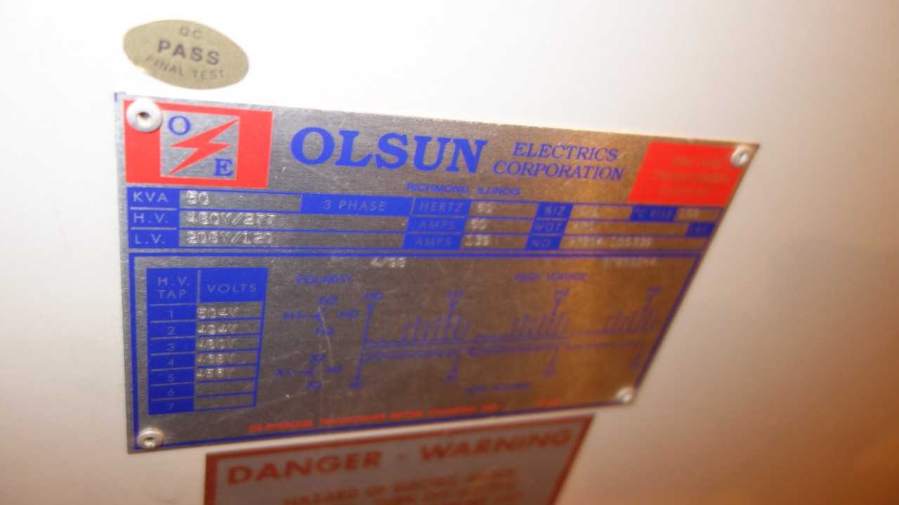 LOT OF 2 ASSORTED TRANSFORMER 480V-AC 277V-AC, SQUARE D 75KVA, OLSUN 50KVA (DELAYED REMOVAL) - CONTROL TRANSFORMERS