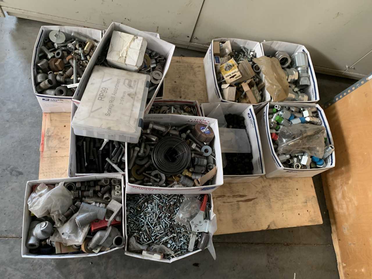 PALLET OF NEW HYDRAULIC FITTINGS, NUTS, BOLTS & SCREWS - ELECTRIC POWER TOOLS