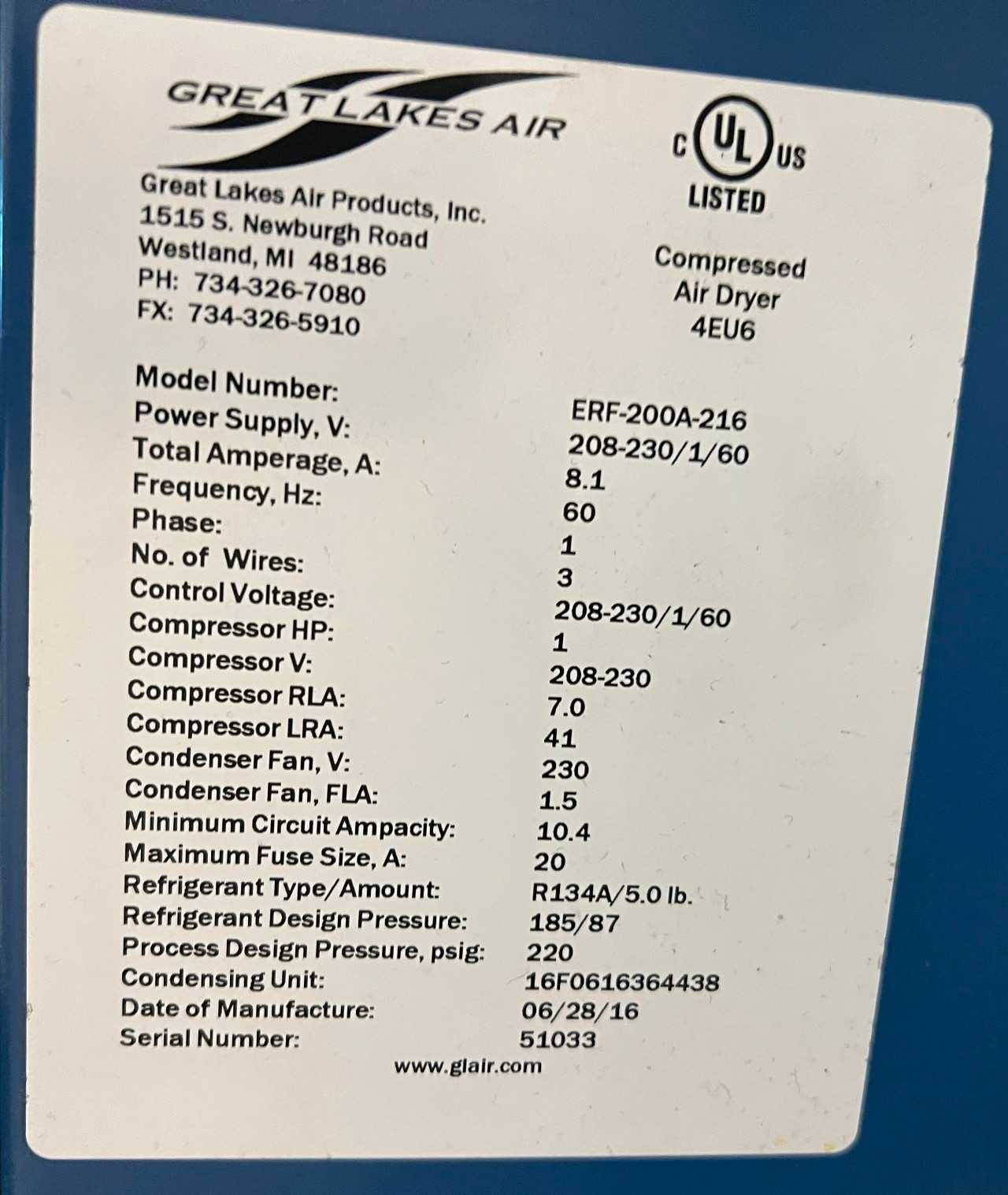 GREAT LAKES AIR ERF-200A-216 REFRIGERATED AIR DRYER - AIR DRYERS