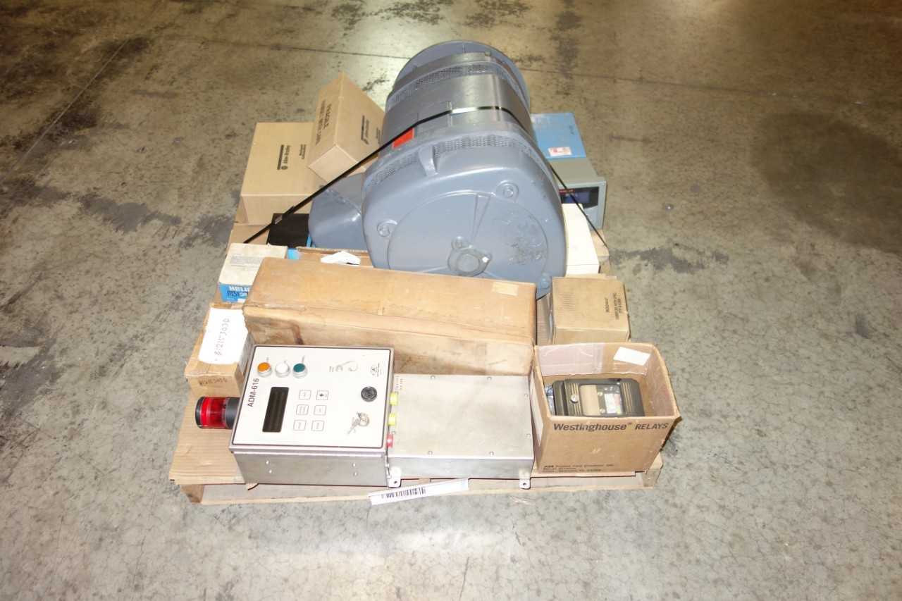 1 PALLET OF ASSORTED AC MOTOR, METER CONTROLS, RELAYS, TRANSMITTERS, PARTS - ELECTRIC MOTORS