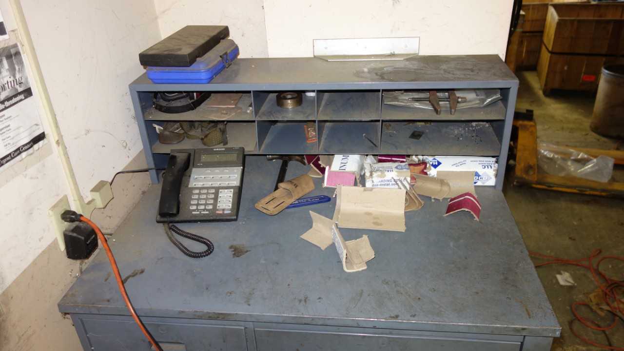 DESK WITH CONTENTS (WIRE SPOOL UNDER DESK NOT INCLUDED) - PLANT & FACILITY