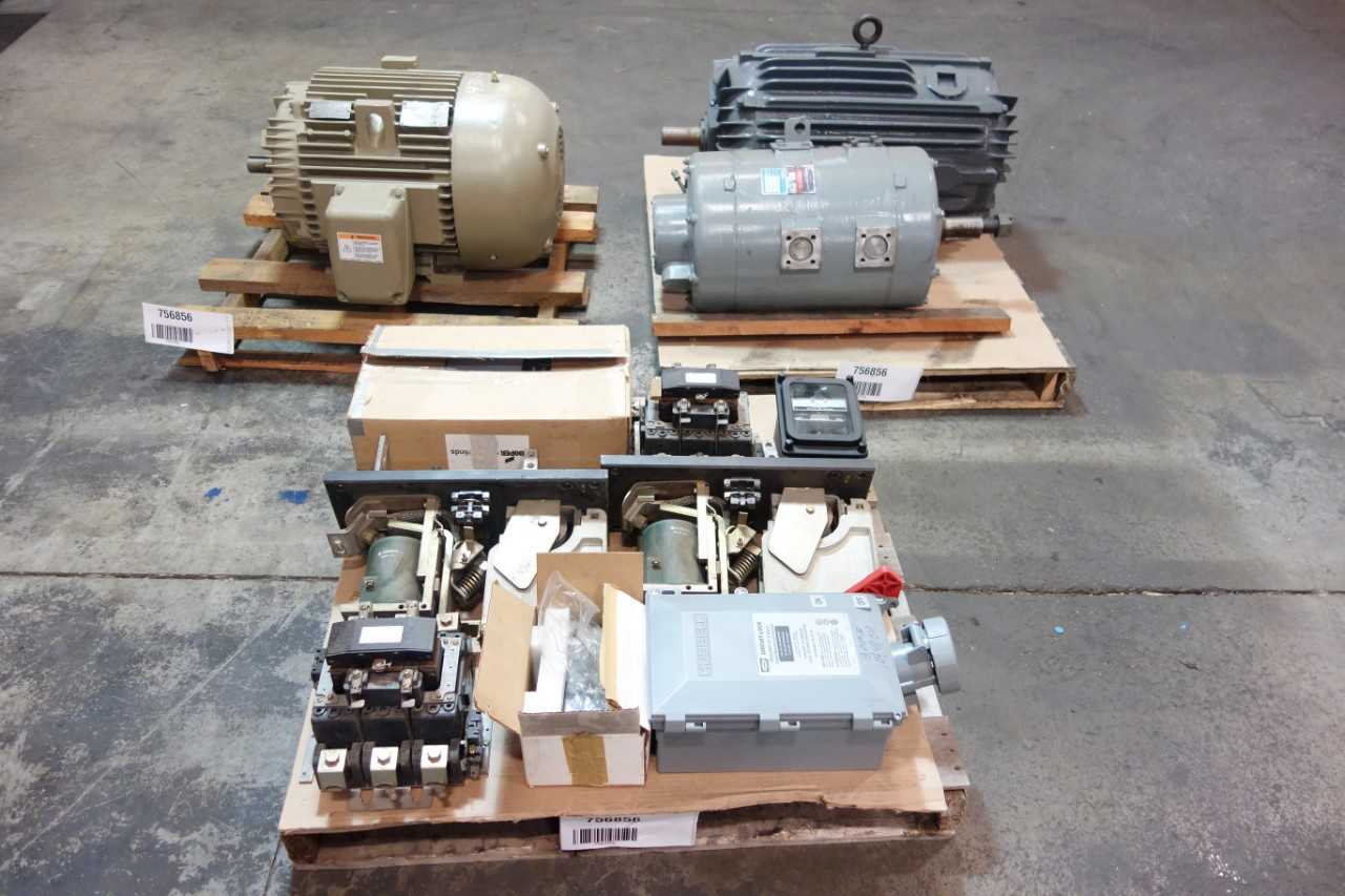 3 PALLETS OF ASSORTED ELECTRICAL, MOTORS, DISCONNECT SWITCH, RELAY CONTROLS,DC CONTACTOR,LIGHTING - CONTACTORS