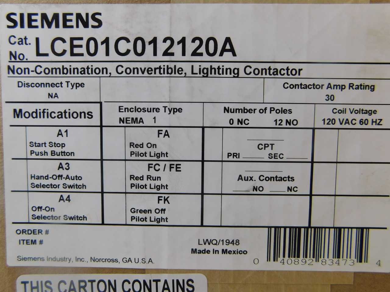 Quantity of 1x LCE01C012120A Contactors - CONTACTORS