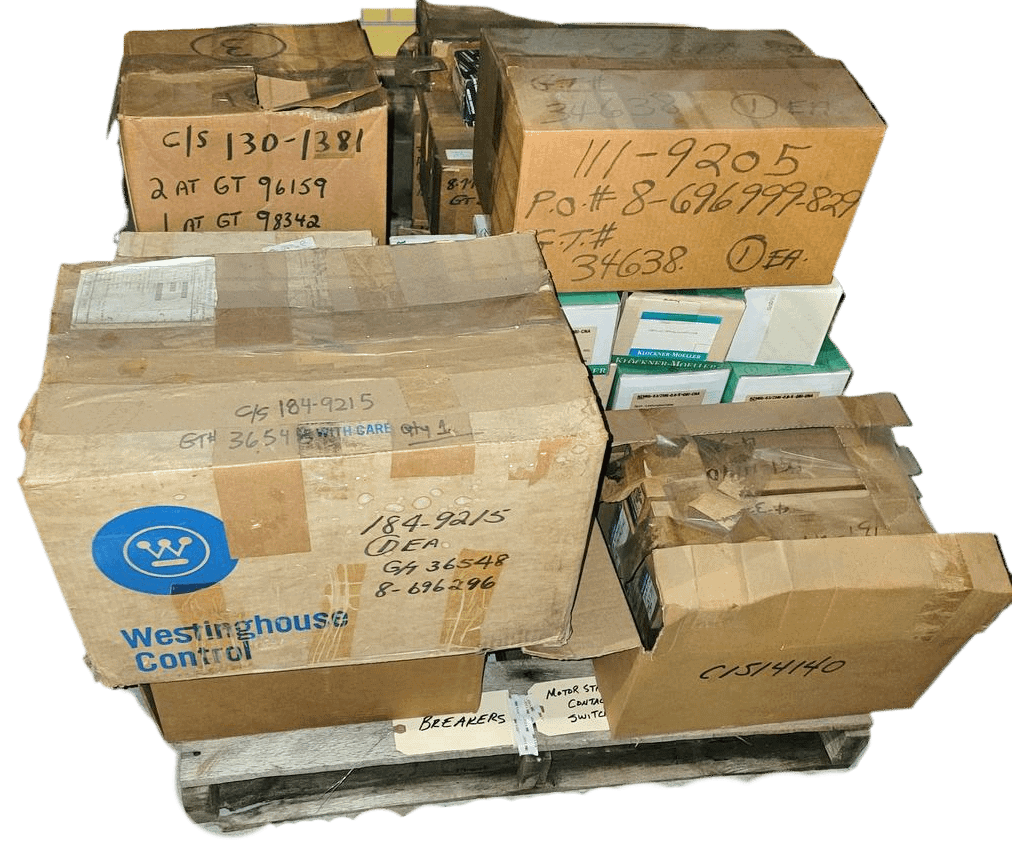 BULK LOT OF TRANSFORMERS, BREAKERS, DISCONNECT SWITCHES, FUSES-KITS/HOLDERS QTY 2 PALLETS - INDUSTRIAL PARTS