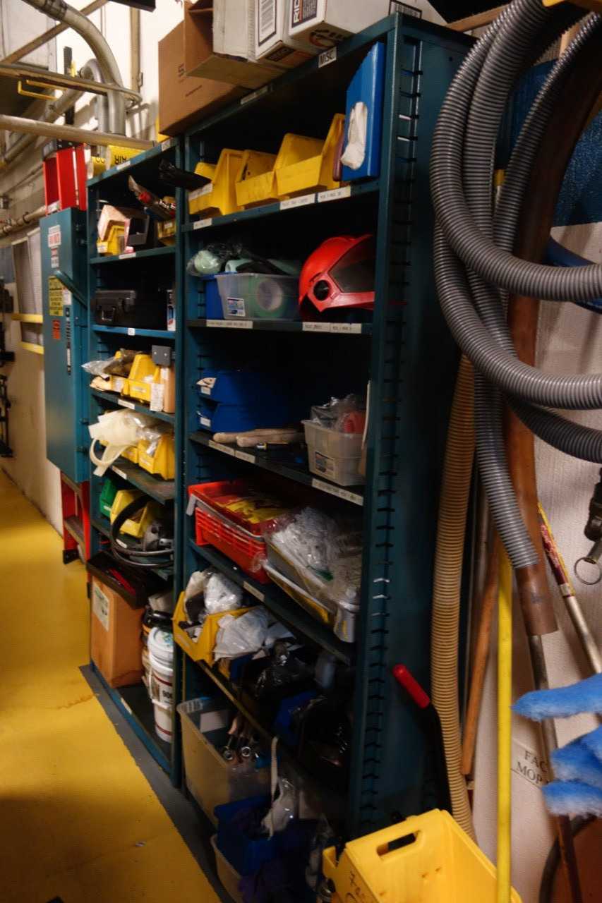 Contents of 2x sections shelving with cleaning/safety supplies. Excludes any Tenant parts. - SHELVING