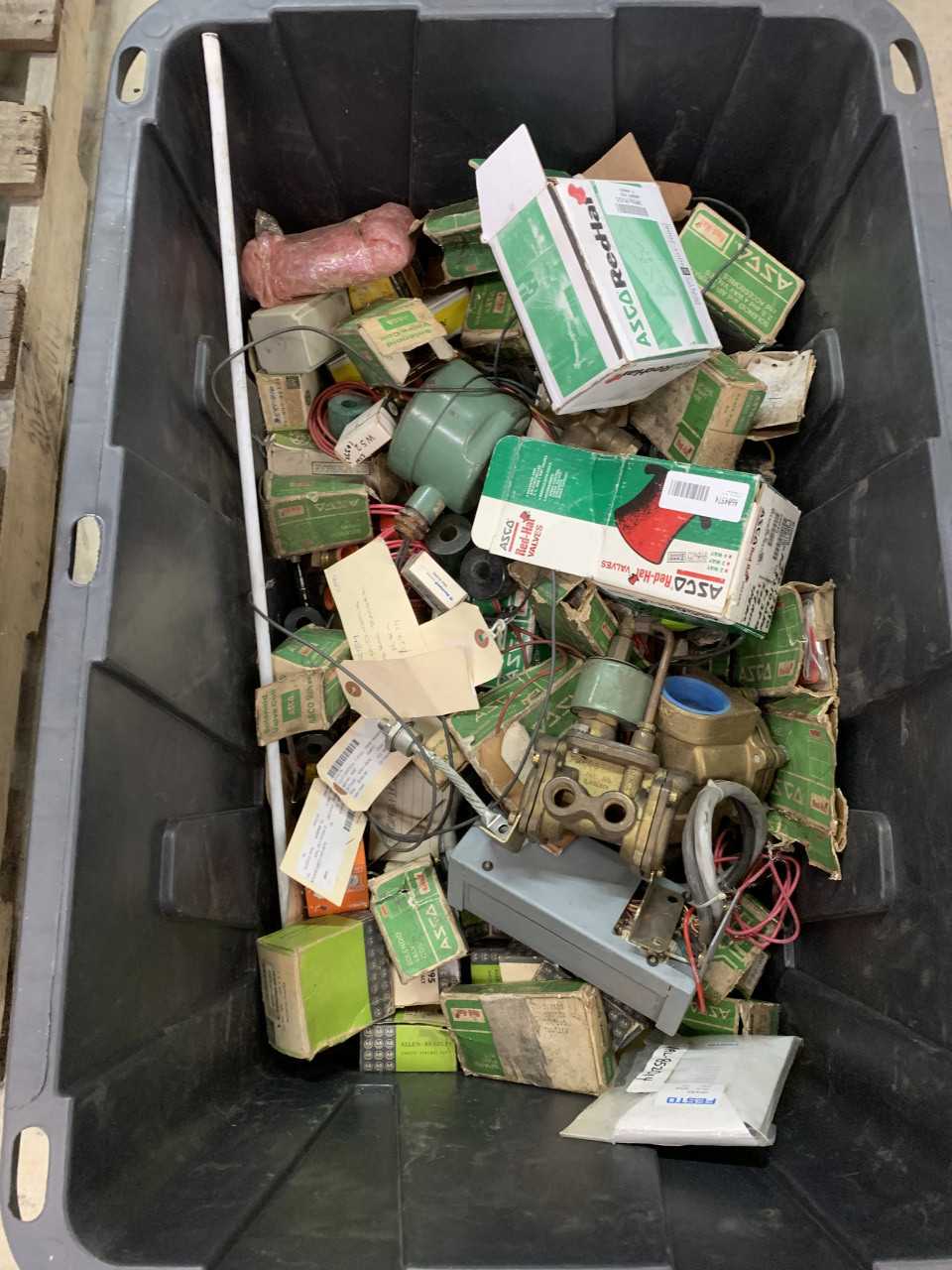 BIN OF NEW & USED ASCO SOLENOID VALVES AND PARTS COILS ETC. - VALVES