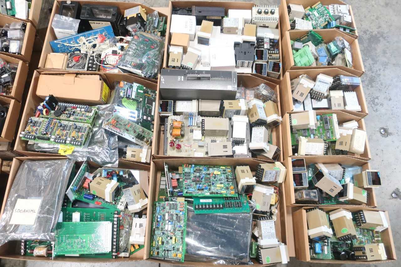3 PALLETS OF ASSORTED ELECTRICAL CIRCUIT BOARDS, RELAYS, OUTPUT MODULES, POWER SOURCE- POTTER & BRUMFIELD, TOKYO KEISO - ELECTRICAL COMPONENTS