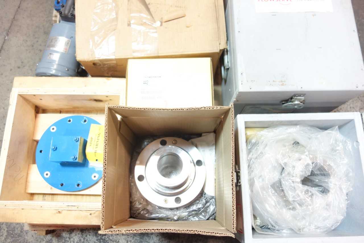 1 PALLET OF ASSORTED PUMP REPLACEMENT PARTS & ACCESSORIES, PUMPS, ROTARY LOBE BLOWER- CHESTERTON, FLOWSERVE, FASCO - ROTARY LOBE BLOWER