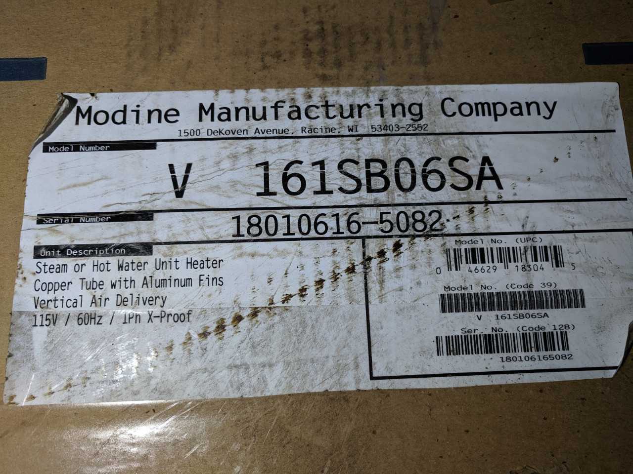 MODINE V 161SB06A STEAM/HOT WATER UNIT HEATER 115V - HVAC EQUIPMENT