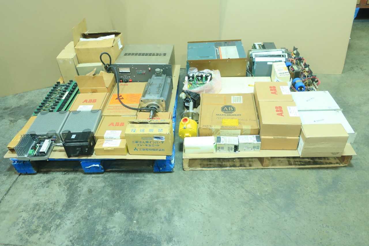 2 PALLETS OF ASSORTED ELECTRICAL SWITCH CONTROLS, MOTOR DRIVE, SERVO MOTOR, POWER SUPPLY CONTROLS, MODULE MEMORY CONTROLS, INDUSTRIAL DYNAMICS- MITSUBISHI, ABB, SIEMENS, YASKAWA, BAILEY, ALLEN BRADLEY - AUTOMATION & CONTROLS