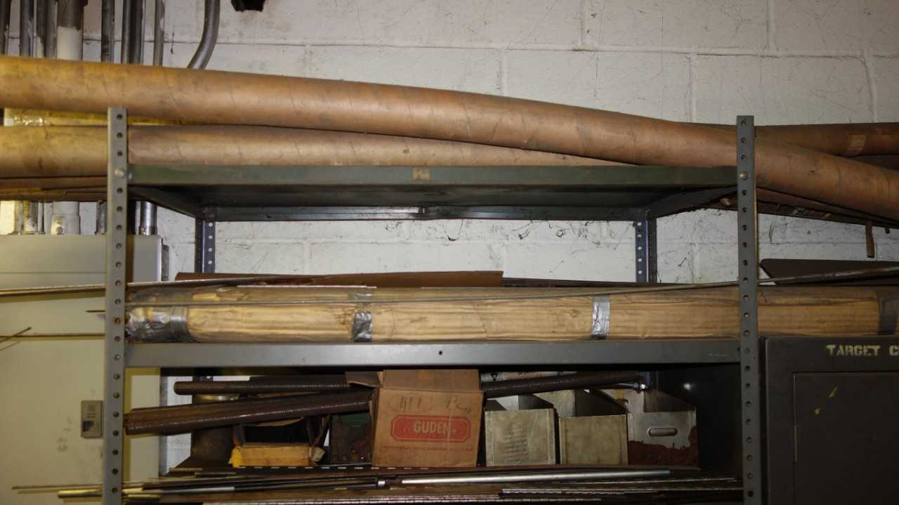 CONTENTS OF SHELVING, ASSORTED METALWORKING TOOLS, PUNCHES, TAPS, BOLTS, THREADED RODS, WIRE, MOTORS, (COPPER, DRUM SANDER ATTACHMENT, SMALL CARDBOARD BOX NOT INCLUDED)