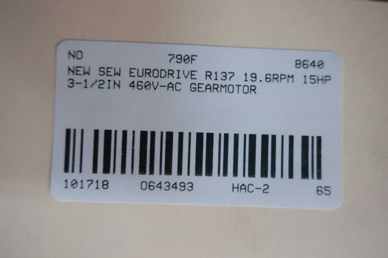 NEW SEW EURODRIVE R137 19.6RPM 3PH 15HP 3-1/2IN 460V-AC GEARMOTOR - ELECTRIC MOTORS