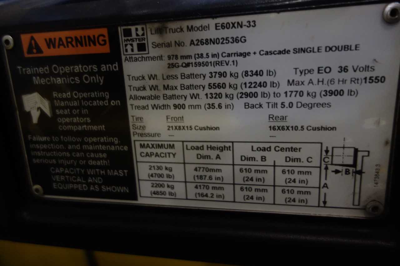 HYSTER ELECTRIC FORK TRUCK, MODEL E60XN-33, TYPE EO - FORKLIFTS