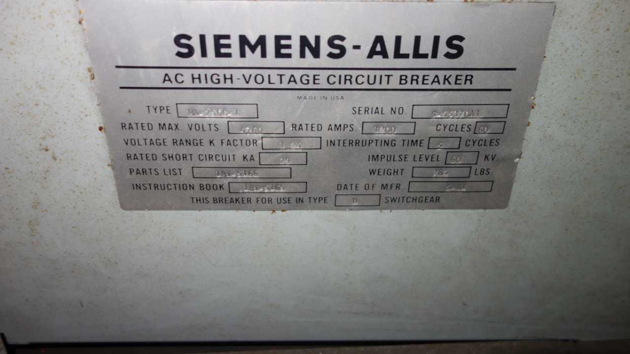 SIEMENS ALLIS MA-250C-1 1200A SWITCHGEAR BREAKER - CIRCUIT BREAKERS
