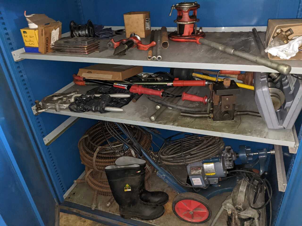 CONTENTS OF CABINET ONLY, ASSORTED TOOLS, DIES, CYLINDERS, TUBING, PUMP - TOOL STORAGE