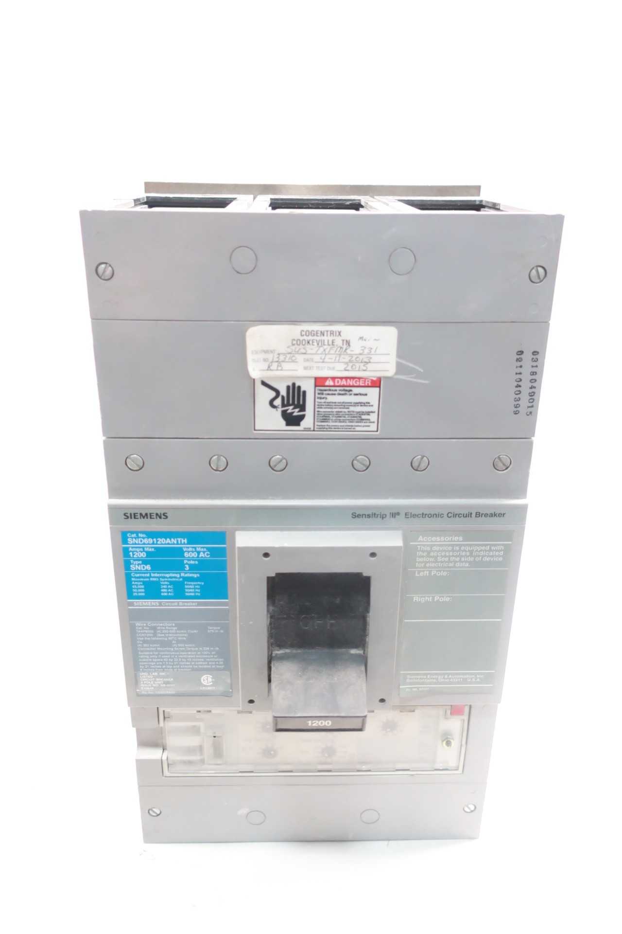 SIEMENS SND69120ANTH 3P 1200A AMP 600V-AC MOLDED CASE CIRCUIT BREAKER - CIRCUIT BREAKERS SIEMENS SND69120ANTH 3P 1200A AMP 600V-AC MOLDED CASE CIRCUIT BREAKER - CIRCUIT BREAKERS