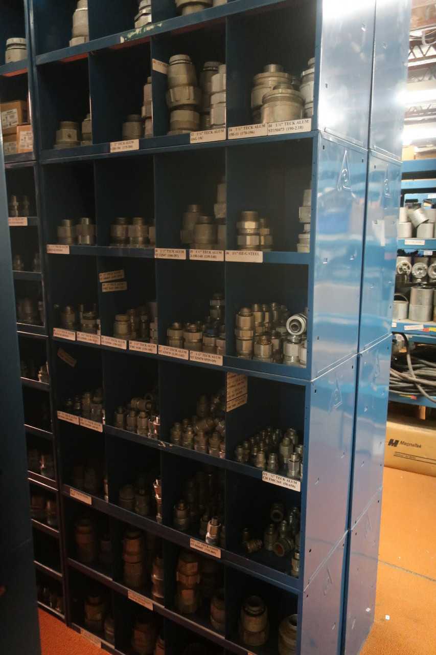 CONTENTS OF 4X STACKED PIGEON HOLE CABINET, ASSORTED CABLE CONNECTORS - ELECTRICAL COMPONENTS