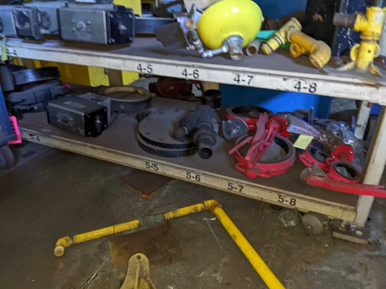 4 SHELVES WITH CONTENTS, ASSORTED VALVES, REGULATORS, PLUMBING, FLANGES, BRADY, POSI-FLATE (SOME NEED REPAIR) - INDUSTRIAL PARTS