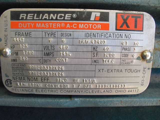125 HP 1800 RPM 444T Frame Reliance Motor Unused - ELECTRIC MOTORS