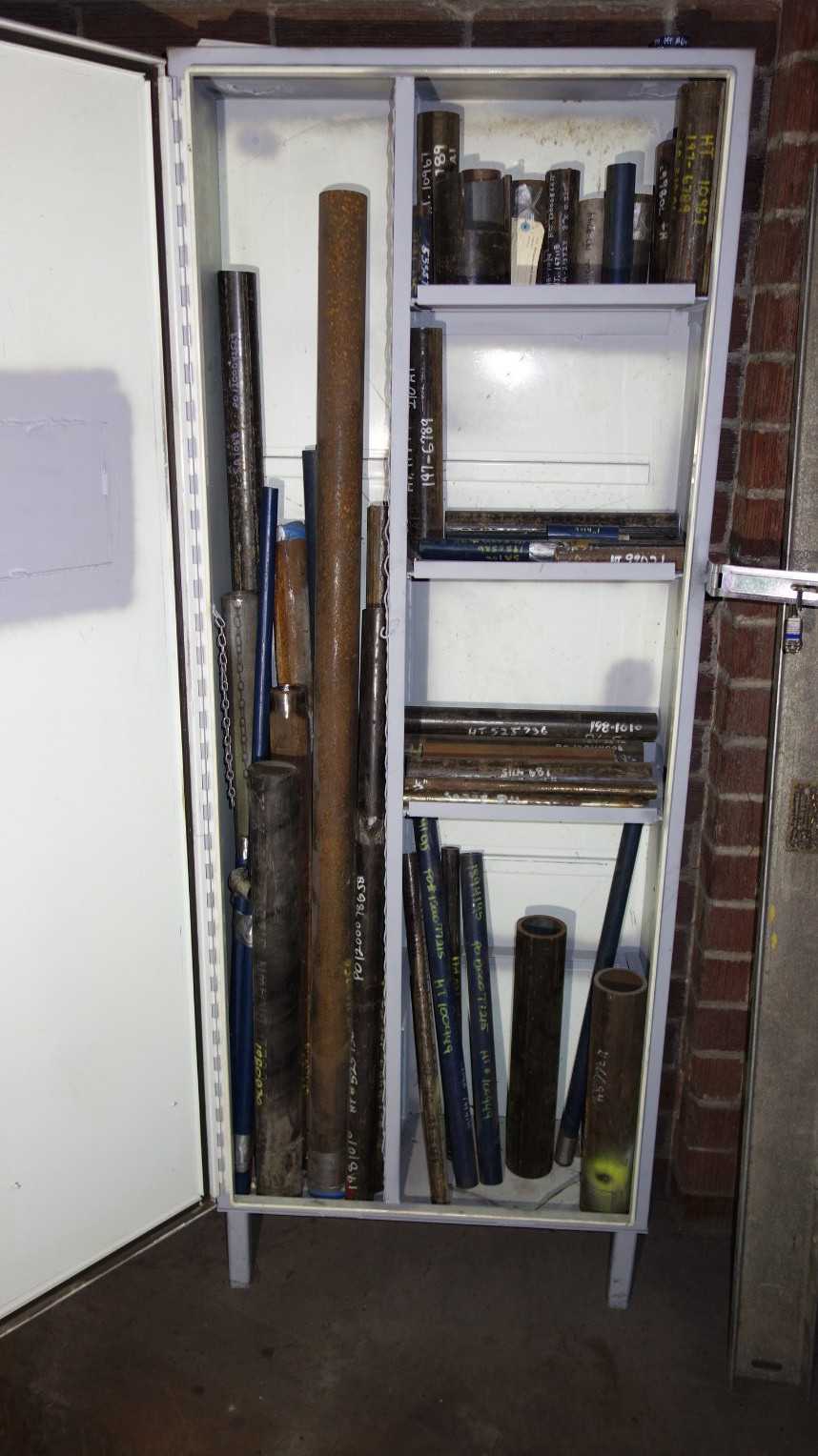 CABINET OF ASSORTED STEEL TUBING PIPING PIPES - TOOL STORAGE