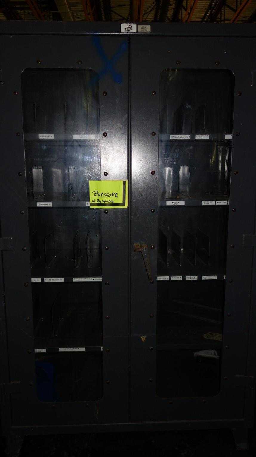 STRONG HOLD 4 SHELF GLASS 2 DOOR STEEL CABINET - TOOL STORAGE