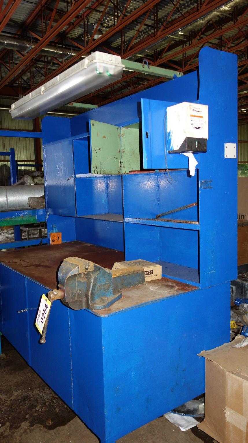 STEEL WORK TABLE W/ 3 SHELF CABINET, RECORD NO 6 TABLE VICE - ELECTRIC POWER TOOLS