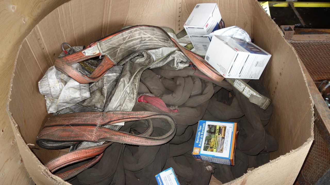 LOT OF ASSORTED SAFETY EQUIPMENT, OIL ABSORBANT SNAKES, SLINGS, MASKS, 3M - SAFETY EQUIPMENT