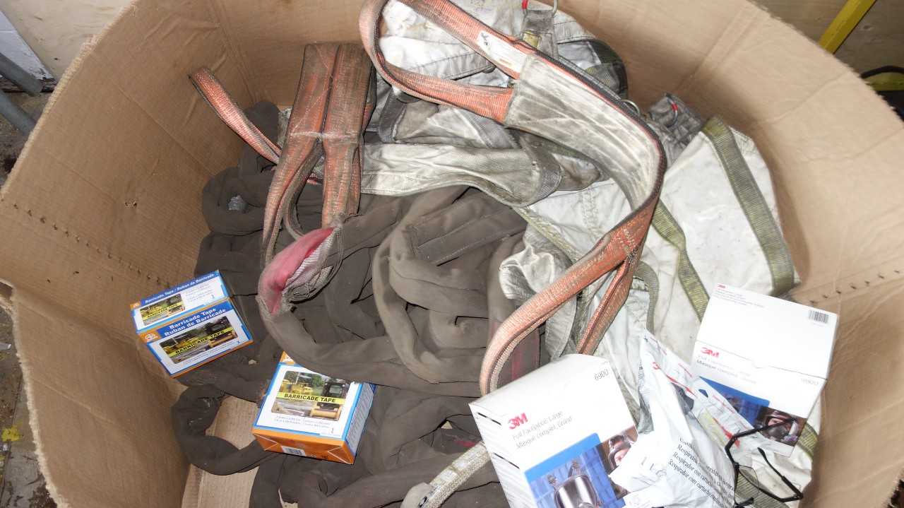 LOT OF ASSORTED SAFETY EQUIPMENT, OIL ABSORBANT SNAKES, SLINGS, MASKS, 3M - SAFETY EQUIPMENT